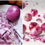 Split image: left shows diced red onions on a white plate with a knife; right shows whole red onions with skins and scattered confetti in a bright background.