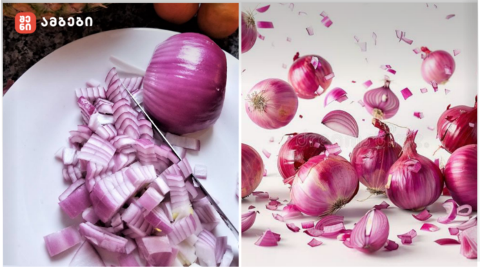 Split image: left shows diced red onions on a white plate with a knife; right shows whole red onions with skins and scattered confetti in a bright background.