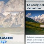 Split image: left side shows snowy mountain landscape with Le Figaro Voyage logo; right side shows mountains and a lake with the article headline "La Géorgie, une histoire d'émotions".