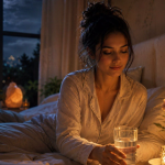 A woman in silk pajamas sits in bed at night, holding a glass of water by a warm bedside lamp.