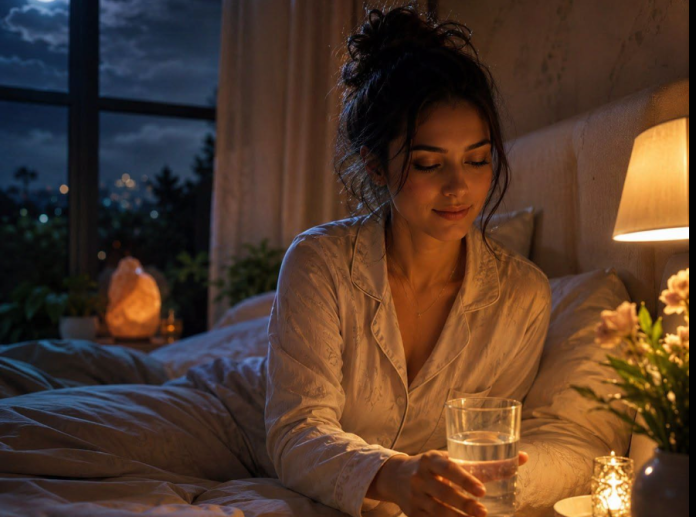 A woman in silk pajamas sits in bed at night, holding a glass of water by a warm bedside lamp.