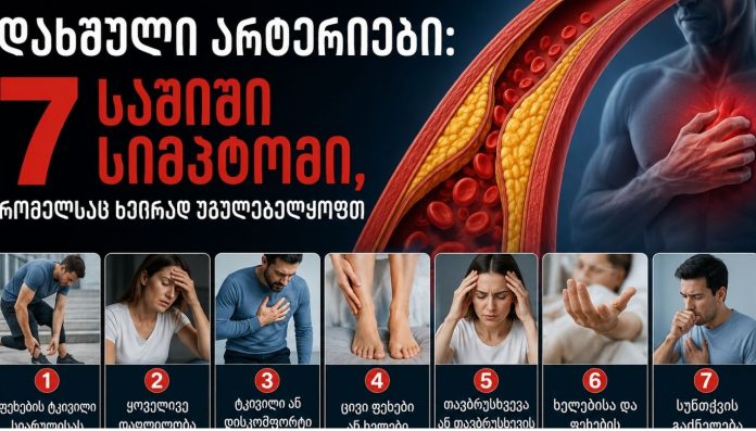 Georgian banner about 7 signs of heart disease; artery diagram with a man clutching his chest and seven symptom panels below.