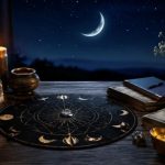 Tarot/astrology setup on a wooden table: moon phase wheel, candles, crystals, and stacks of money beside a night sky window.