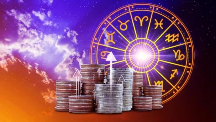 Stacks of coins with upward arrows in front of a bright glowing zodiac wheel, symbolizing astrological financial growth.