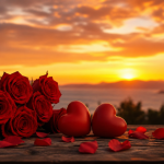 Romantic still life with red roses and two red heart shapes on a weathered wooden table at sunset by the sea.