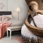 Split image: a pastel pink bedroom with tufted bed, pink throw, and bedside lamp; beside it a wooden bowl heaped with white sugar crystals on the right.