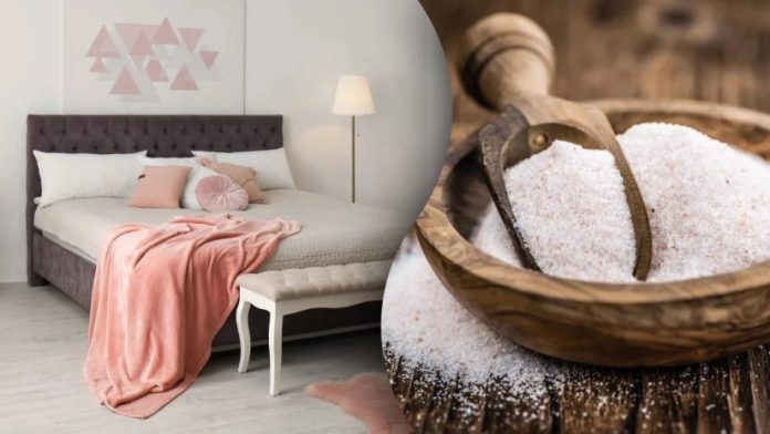 Split image: a pastel pink bedroom with tufted bed, pink throw, and bedside lamp; beside it a wooden bowl heaped with white sugar crystals on the right.