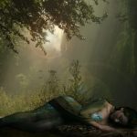 Mermaid-like woman with a teal tail lying on a blanket in a sunlit forest, a mossy stairway to the right.