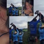 Collage: a close-up portrait of a woman with dark hair on the left and a group of people in blue shirts raising a black object in a celebration outdoors on the right side.