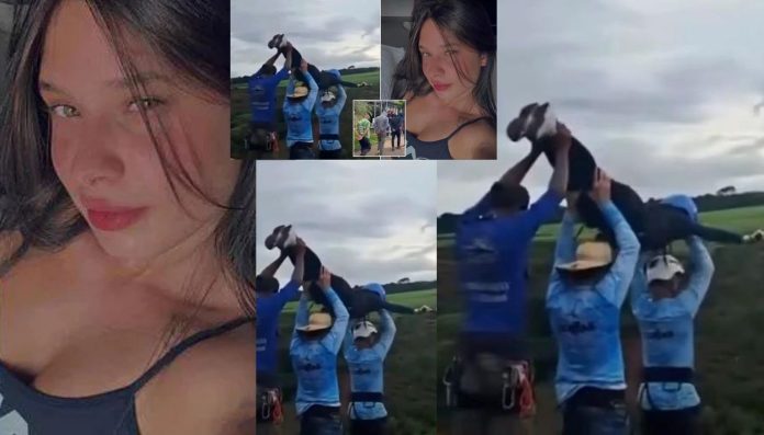 Collage: a close-up portrait of a woman with dark hair on the left and a group of people in blue shirts raising a black object in a celebration outdoors on the right side.