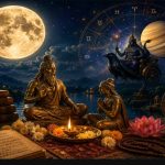Hindu sage and young student in prayer by a lit lamp, with books, flowers, and an astrological wheel in a night scene.