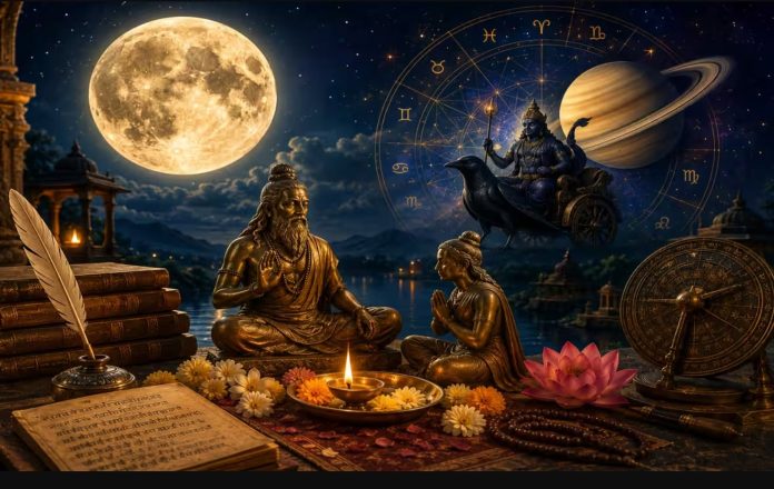 Hindu sage and young student in prayer by a lit lamp, with books, flowers, and an astrological wheel in a night scene.