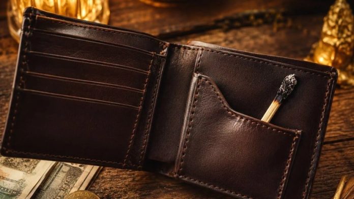 Open brown leather wallet on a wooden surface with cash visible and a burnt match tucked into the inner pocket; warm lighting.