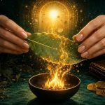 Hands hold a green leaf over a small fire, glowing golden energy spirals around it with coins and a wallet nearby for a mystical, wealth-related scene