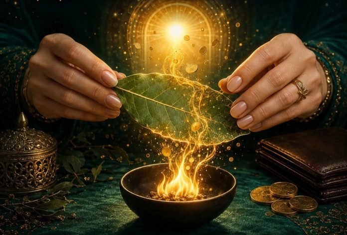 Hands hold a green leaf over a small fire, glowing golden energy spirals around it with coins and a wallet nearby for a mystical, wealth-related scene