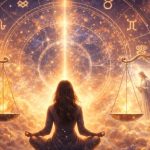 Person meditating in the clouds with a bright beam of light and paired scales, surrounded by astrological symbols in a starry sky.
