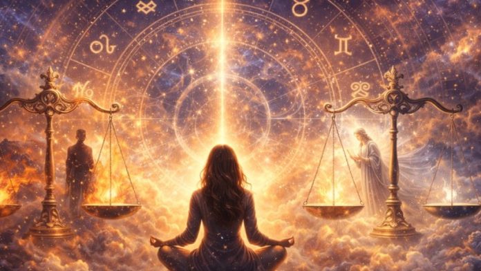 Person meditating in the clouds with a bright beam of light and paired scales, surrounded by astrological symbols in a starry sky.