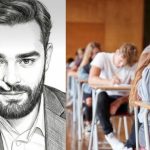 Split image: left panel is a black-and-white sketch of a man resting his head on his hand, right panel shows stressed students taking a test in a classroom; a girl in front looks overwhelmed.