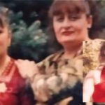 Two women posing outdoors; one in a red floral shirt and the other in a red dress, with a smaller inset image of the dress-clad woman overlapping the scene.