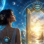 A woman with Aquarius jewelry gazes toward an glowing doorway opening to a sunlit landscape in a magical night sky.