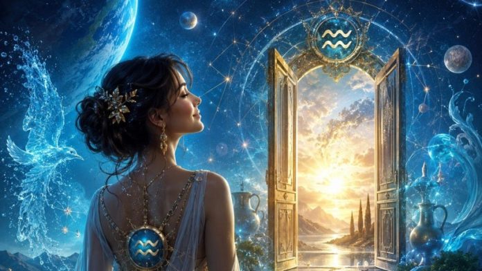 A woman with Aquarius jewelry gazes toward an glowing doorway opening to a sunlit landscape in a magical night sky.