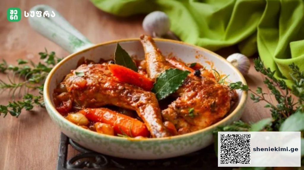 Pan of braised meat stew with carrots and herbs in a green-edged skillet on a wooden table, with a green cloth nearby.