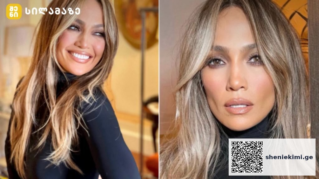 Side-by-side photos of a smiling woman with long blonde hair wearing a black turtleneck in a well-lit setting.