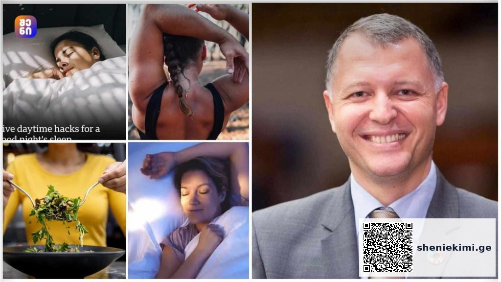 Collage: four left images of people resting, stretching, and eating healthy; right image shows a smiling man in a suit with a circular SDG pin