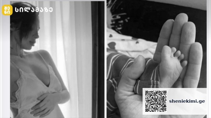 Two-panel black-and-white image: on the left, a pregnant woman standing by a window, touching her belly; on the right, a tiny baby foot cradled in an adult hand.