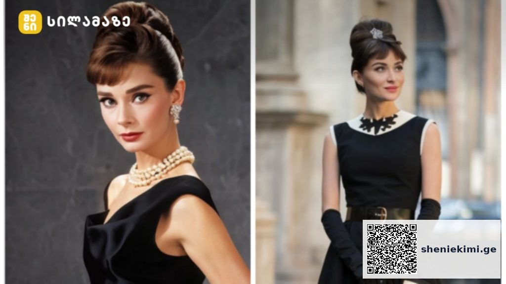 Pair of vintage-style portraits: left a close-up of a woman in a black dress with a pearl necklace and updo; right a full-body view in a black dress with white collar, gloves, and belt on a street.