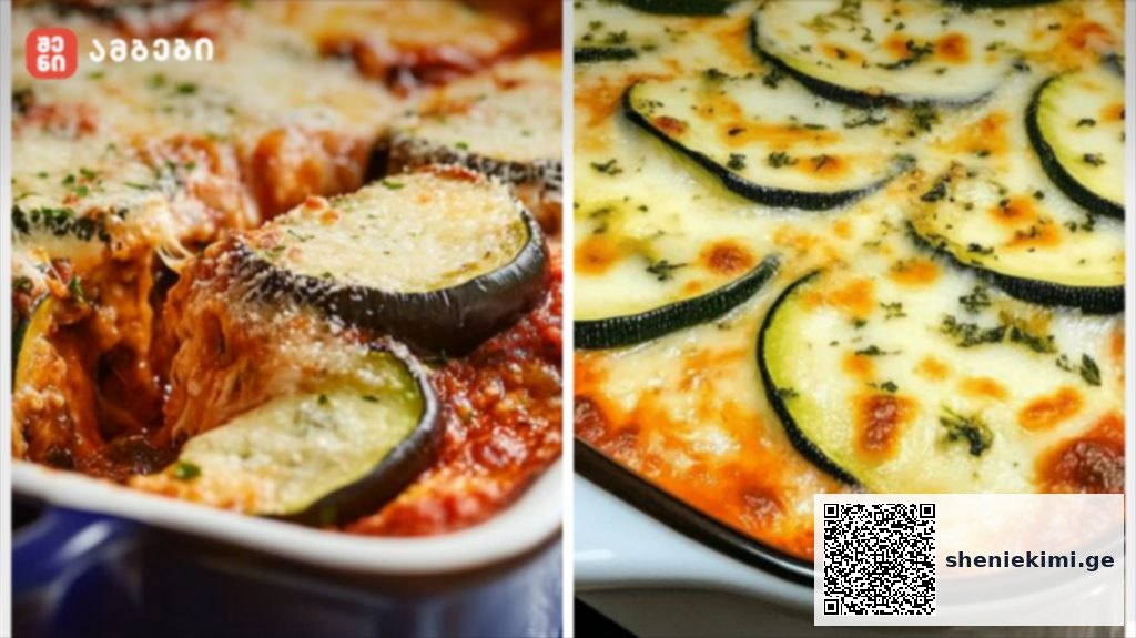 Split image of two cheesy baked dishes: left shows eggplant parmesan in tomato sauce with melted cheese; right shows zucchini cheese bake with herbs.