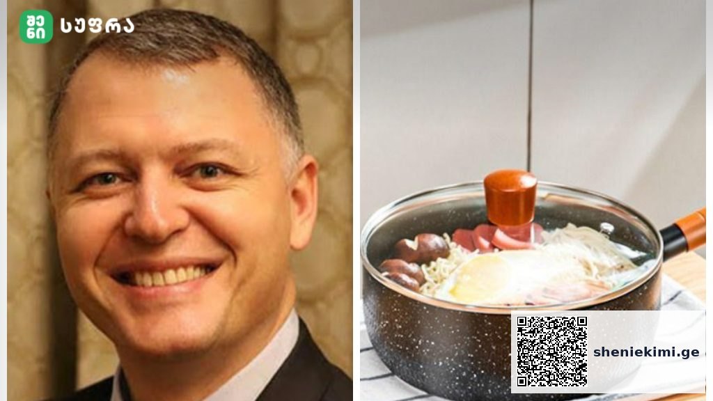 Left: smiling man in a suit (likely TV host), right: saucepan on stove with water, eggs and vegetables simmering