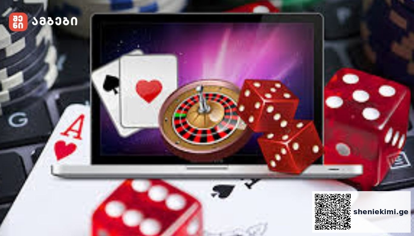 Laptop screen displays a roulette wheel, playing cards, and red dice—symbolizing online gambling.