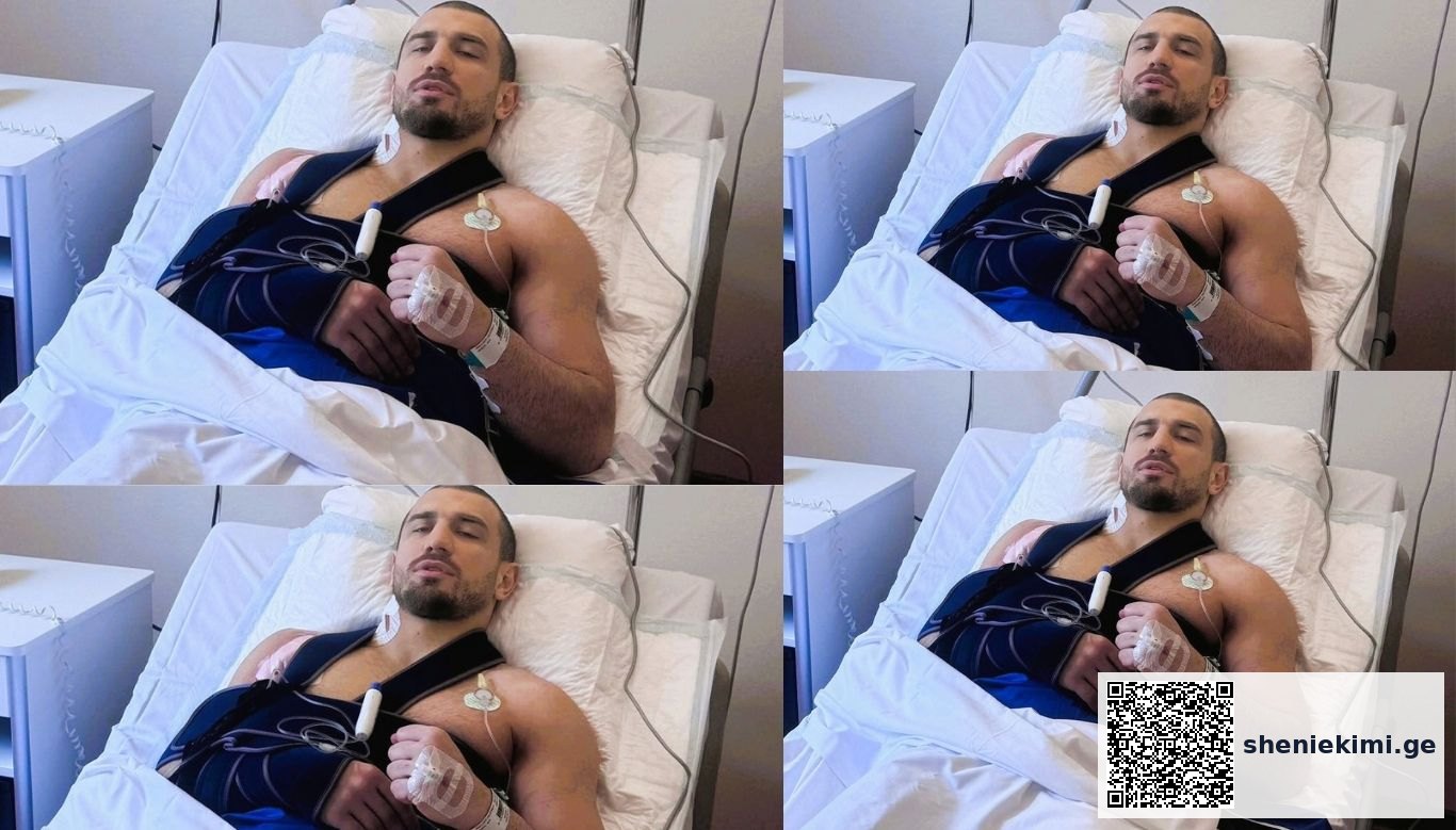 Man in a hospital bed with telemetry leads attached to his chest, wearing a blue hospital gown and wristband; collage of four angles of the same scene.