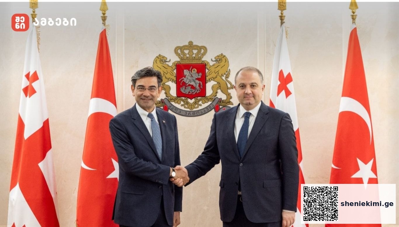 Two men in suits shake hands in a formal setting, with Georgian and Turkish flags and a crest behind them.