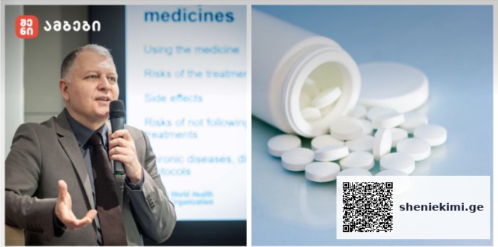 Two-panel image: a man in a suit speaking into a microphone during a medicine presentation (logo in corner); on the right, an open pill bottle spilling white tablets on a blue surface.