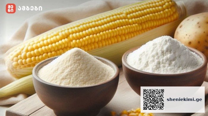 Corn on the cob with bowls of flour and cornmeal on a wooden board, ready for cooking (brand logo top left).