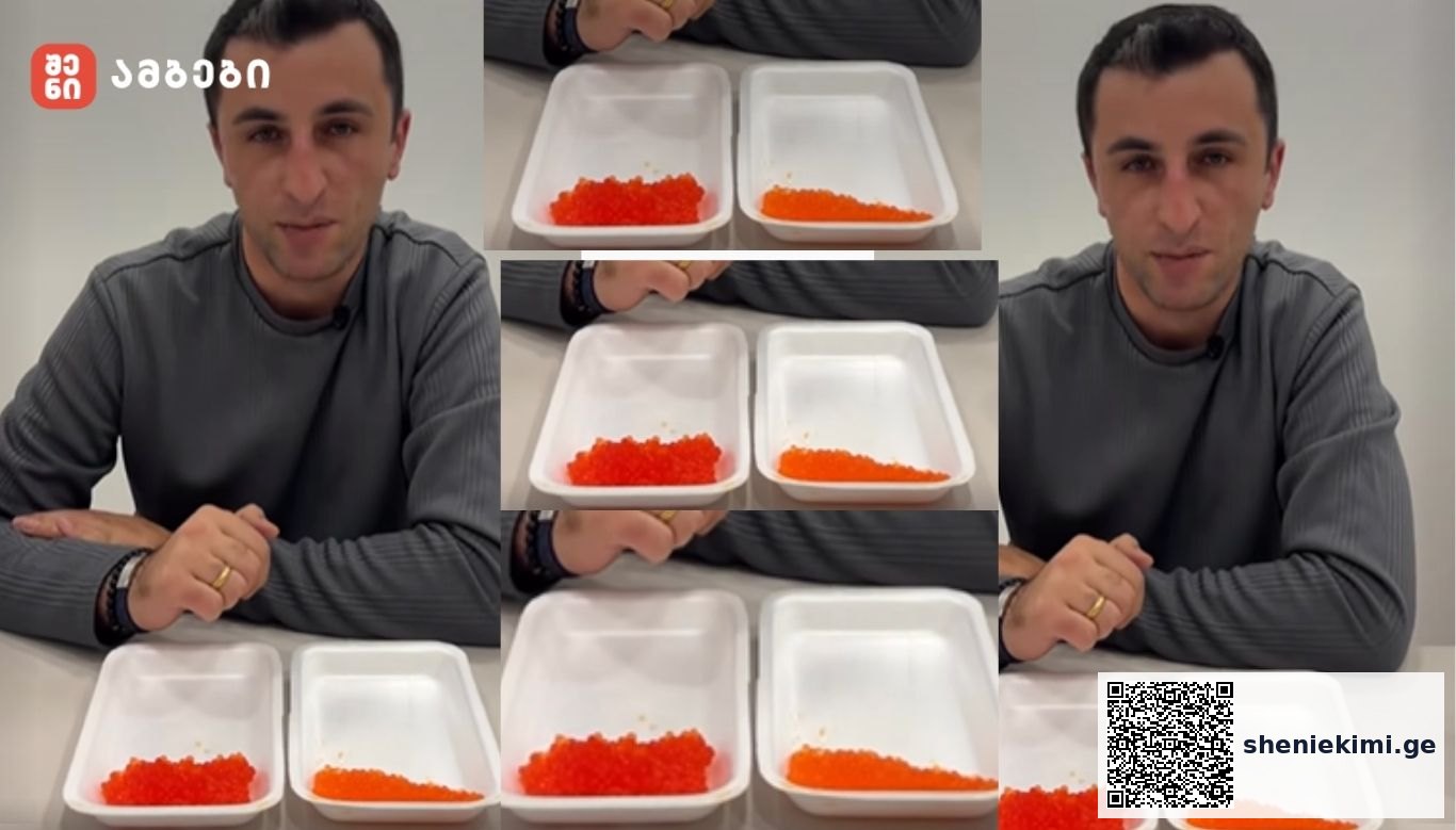 Man sits at a table with two white containers filled with orange fish roe; collage of frames from a video.