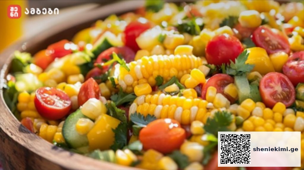 Colorful corn salad with cherry tomatoes, cucumber, yellow peppers and fresh herbs in a wooden bowl.
