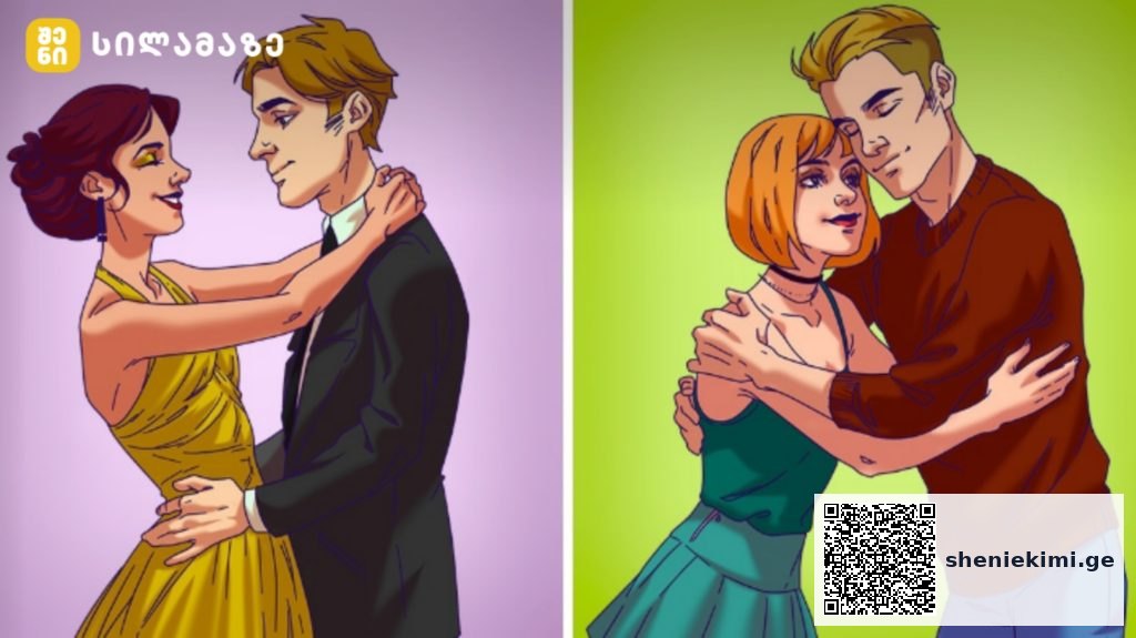 Two-panel cartoon of couples dancing: left, a woman in a yellow gown and a man in a black suit; right, a red-haired woman in teal with a brown sweatered man.
