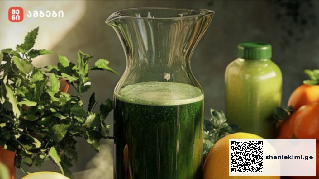 Green juice in a glass pitcher surrounded by fresh herbs and citrus on a kitchen counter