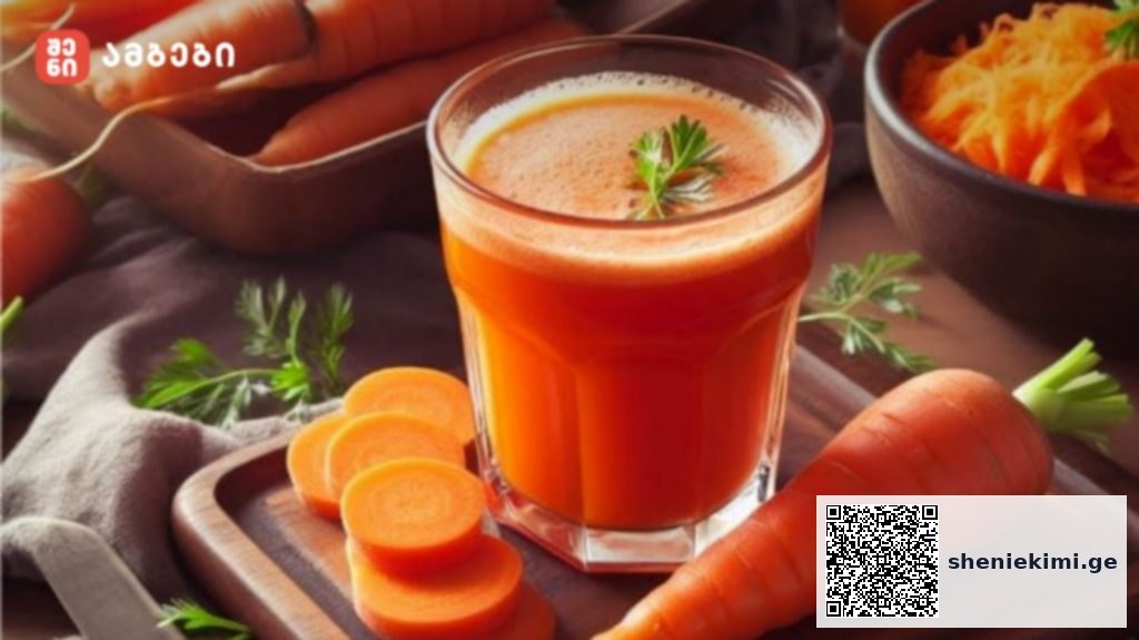 Fresh carrot juice in a glass on a wooden board, with carrot slices and a bowl of shredded carrots in the background and greens for garnish.