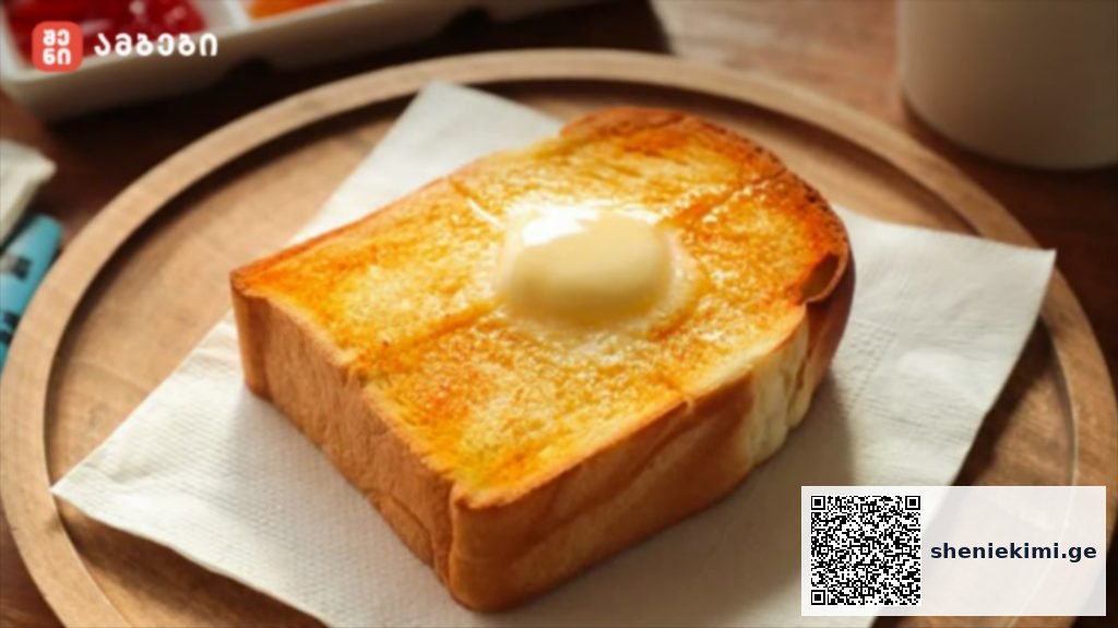 A slice of toasted bread with a pat of butter on a white napkin, placed on a wooden plate, ready for breakfast.