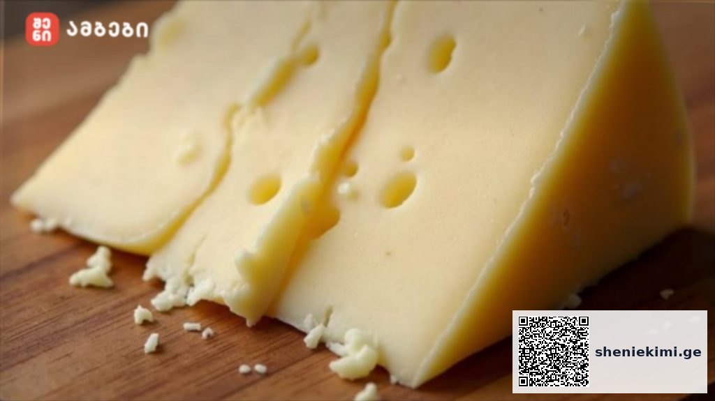 Wedge of yellow cheese sliced on a wooden board, with small cheese crumbles around it.