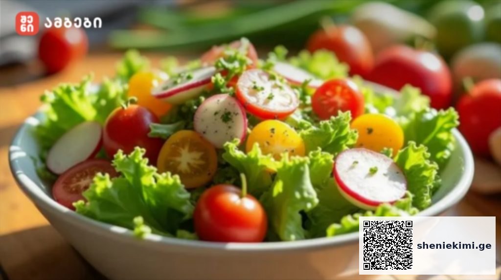 Bowl of fresh garden salad with lettuce, cherry tomatoes, radish slices, and yellow tomatoes on a wooden table, with a logo in the top-left corner.