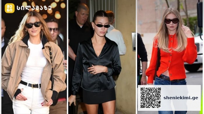 Three women wearing sunglasses in an urban setting: left in beige trench over white outfit, center in black satin blouse with mini skirt, right in red cardigan and jeans.