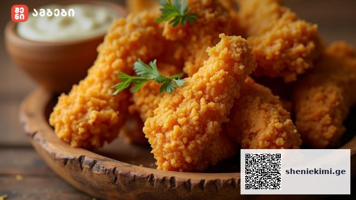 Crispy breaded fried chicken tenders on a wooden platter with a parsley garnish and a dipping sauce in the background.