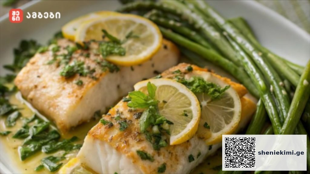 Baked white fish fillets with lemon slices and chopped parsley, served with steamed green beans on a plate with a light sauce