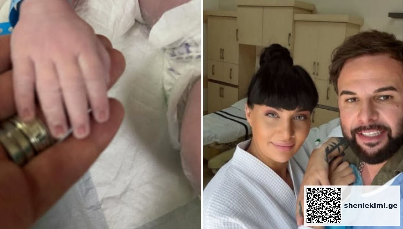Close-up of a newborn's small hand resting on an adult's finger with a ring visible. Right: a smiling couple in a hospital room posing for a selfie wearing hospital attire.