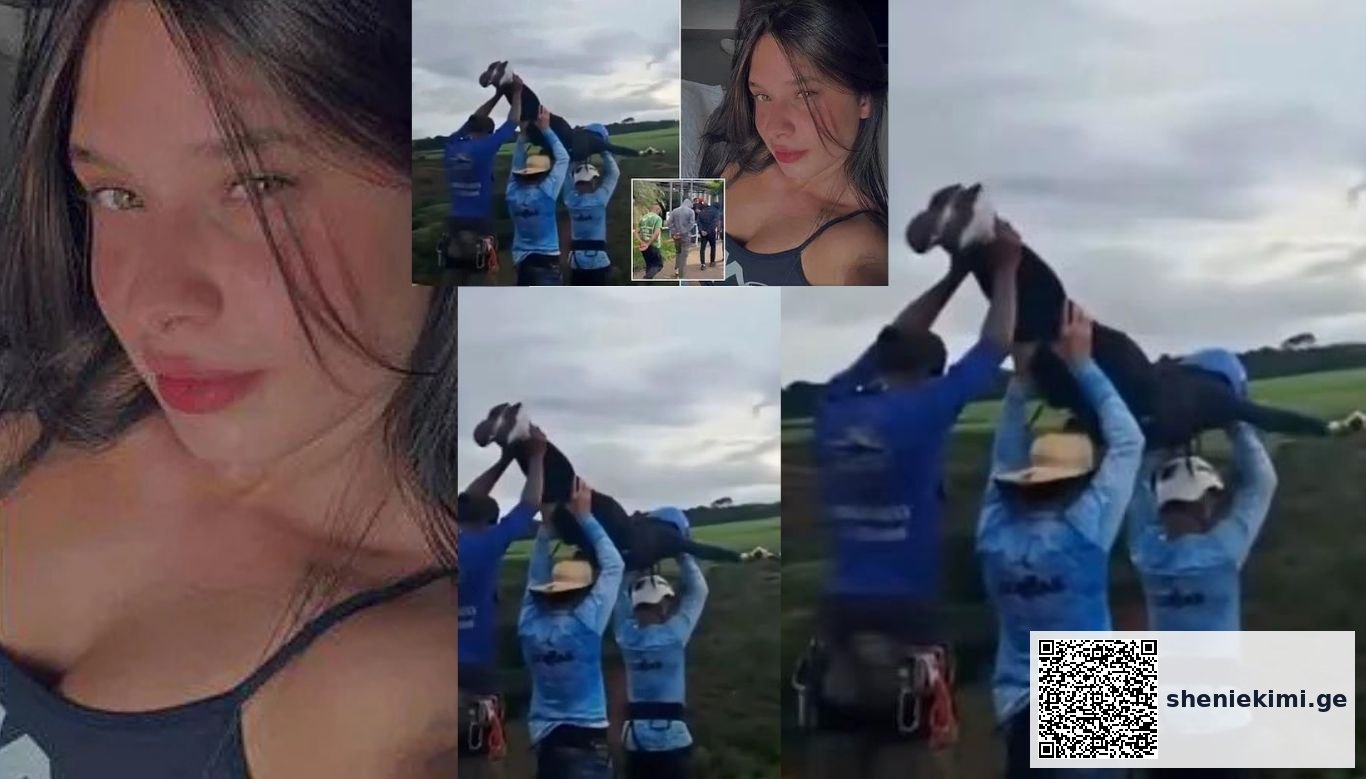 Collage: a close-up portrait of a woman with dark hair on the left and a group of people in blue shirts raising a black object in a celebration outdoors on the right side.